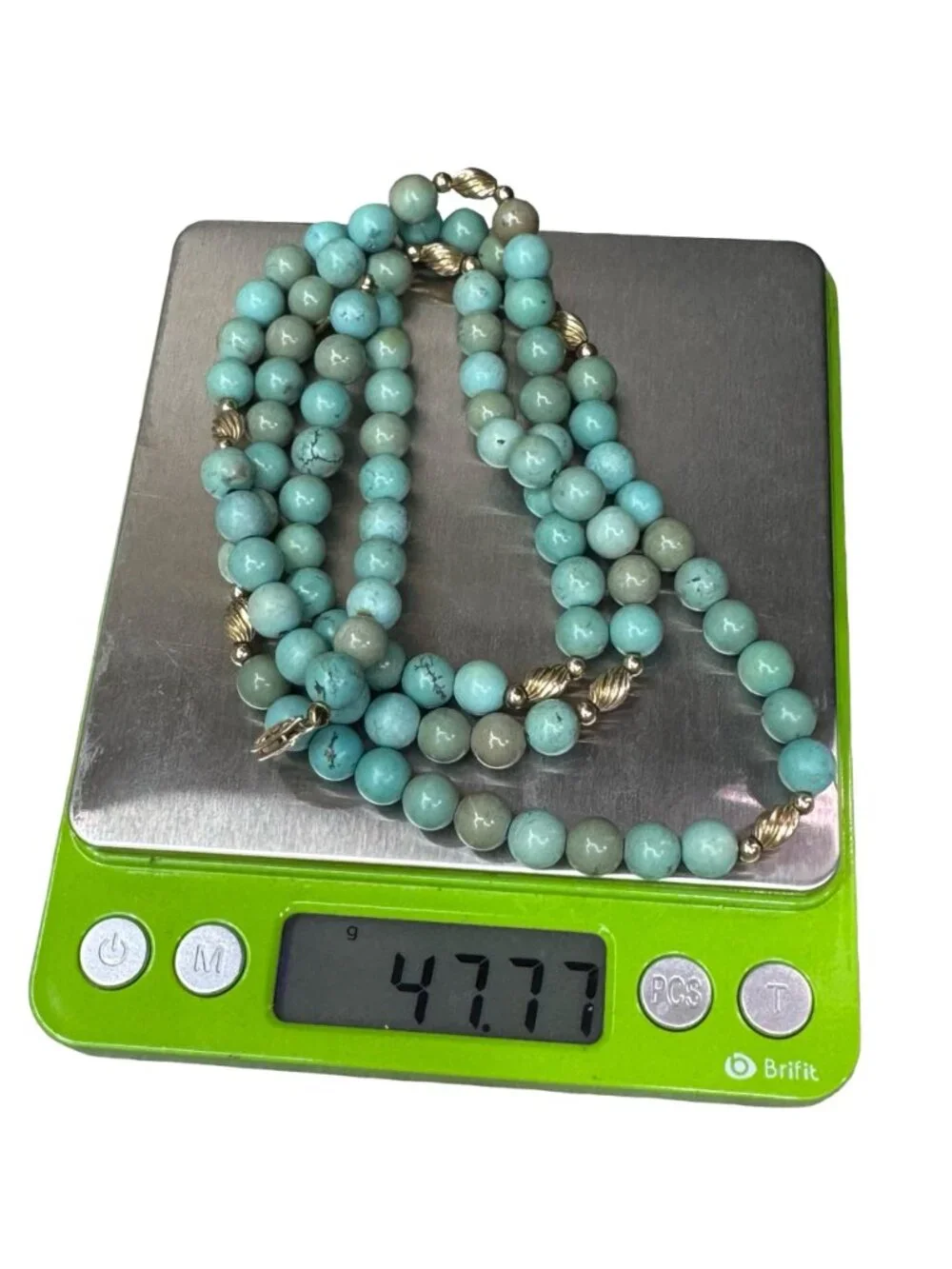 Amazonite Beaded Necklace Turquoise Color Beaded 14k Gold Accents & Clasp 30" - Picture 6 of 9